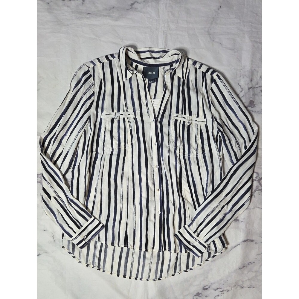 Maeve By Anthropologie Conversationalist Button Down Shirt Blue Stripe Motif